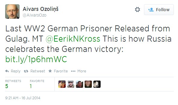 Aivars Ozoliņš tviterī: «Last WW2 German Prisoner Released from Gulag. MT @EerikNKross This is how Russia celebrates the German victory».