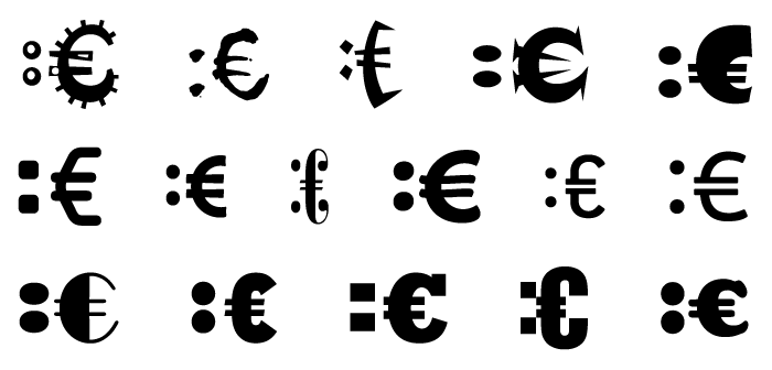 Eiro simbola smaidiņš ar dažādiem fontiem (pieregulēts simbolu augstums).