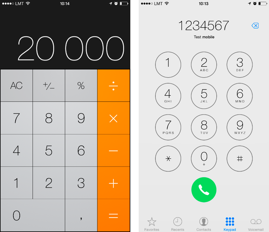 iPhone 6 kalkulatora un telefona zvanīšanas aplikācijas. Paldies Kristapam par ekrānšāviņiem.