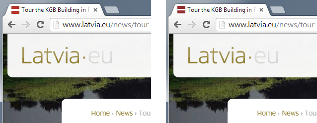 Kreisajā pusē: latvia.eu oriģinālā ikona, labajā pusē: ikona ar īstu Latvijas karoga krāsu un proporcijām.