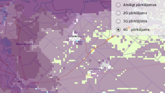 Silakroga ciems LMT 4G pārklājuma kartē 2014. gada 30. oktobrī.