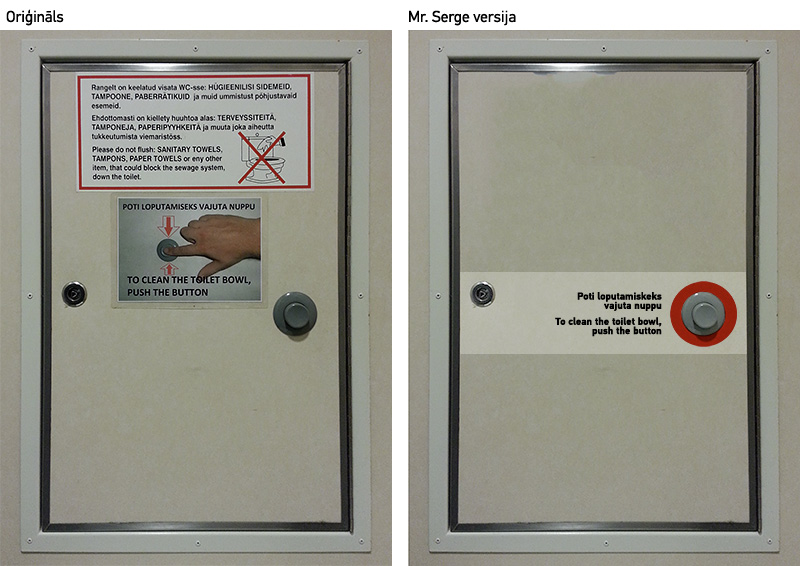 Tualetes lietošanas instrukcija Igaunijā uz prāmja. Oriģināls un Mr. Serge varianti.