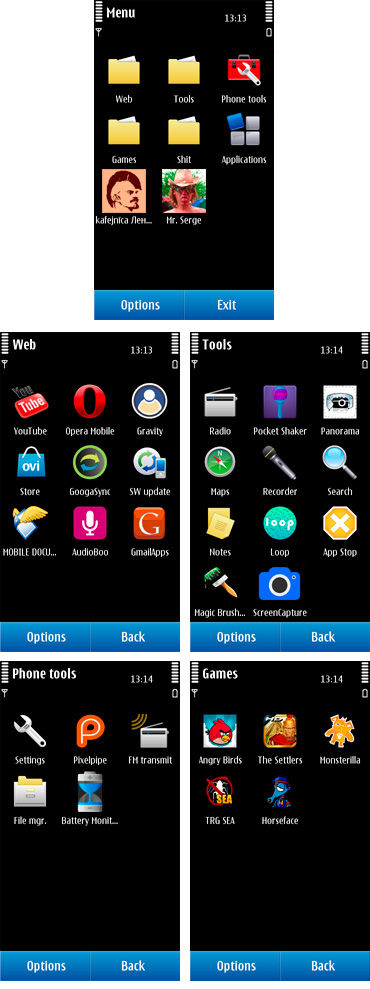 Nokia N8 menu un iekšas.
