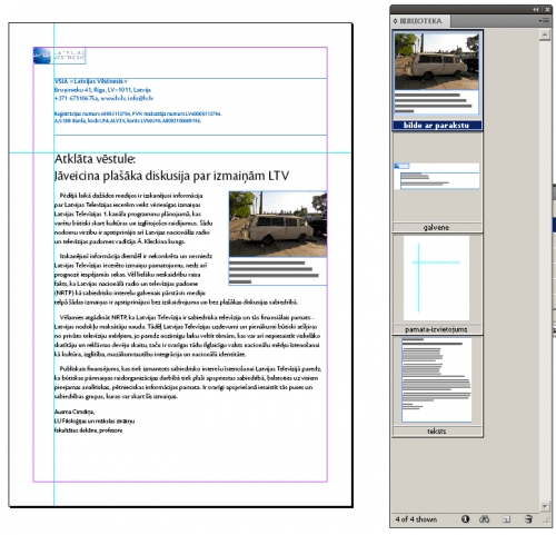 Vienkārša vēstule un bibliotēkas logs. Adobe InDesign.